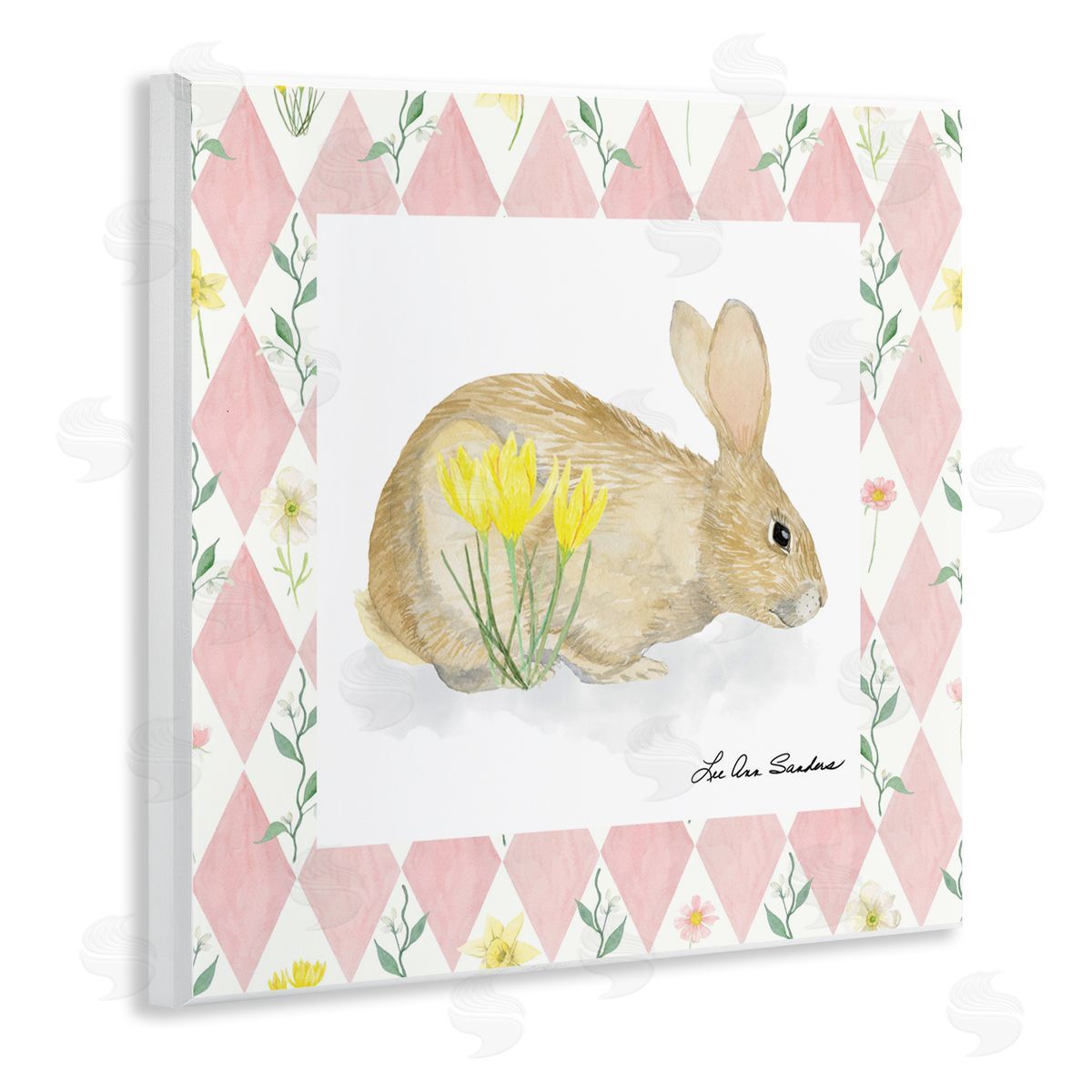 Lee Ann Sanders Buttercup Bunny on Pink Argyle Wooden Wall Plaque Art Print