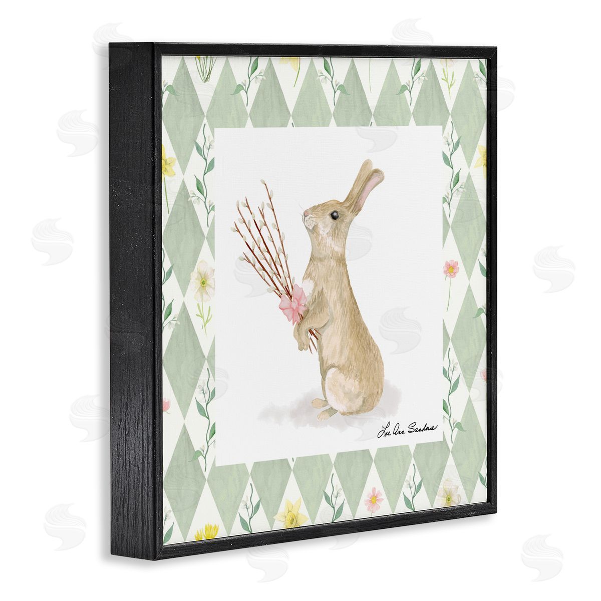 Lee Ann Sanders Bouquet Bunny on Green Argyle Black Framed Giclee Print Wall Art