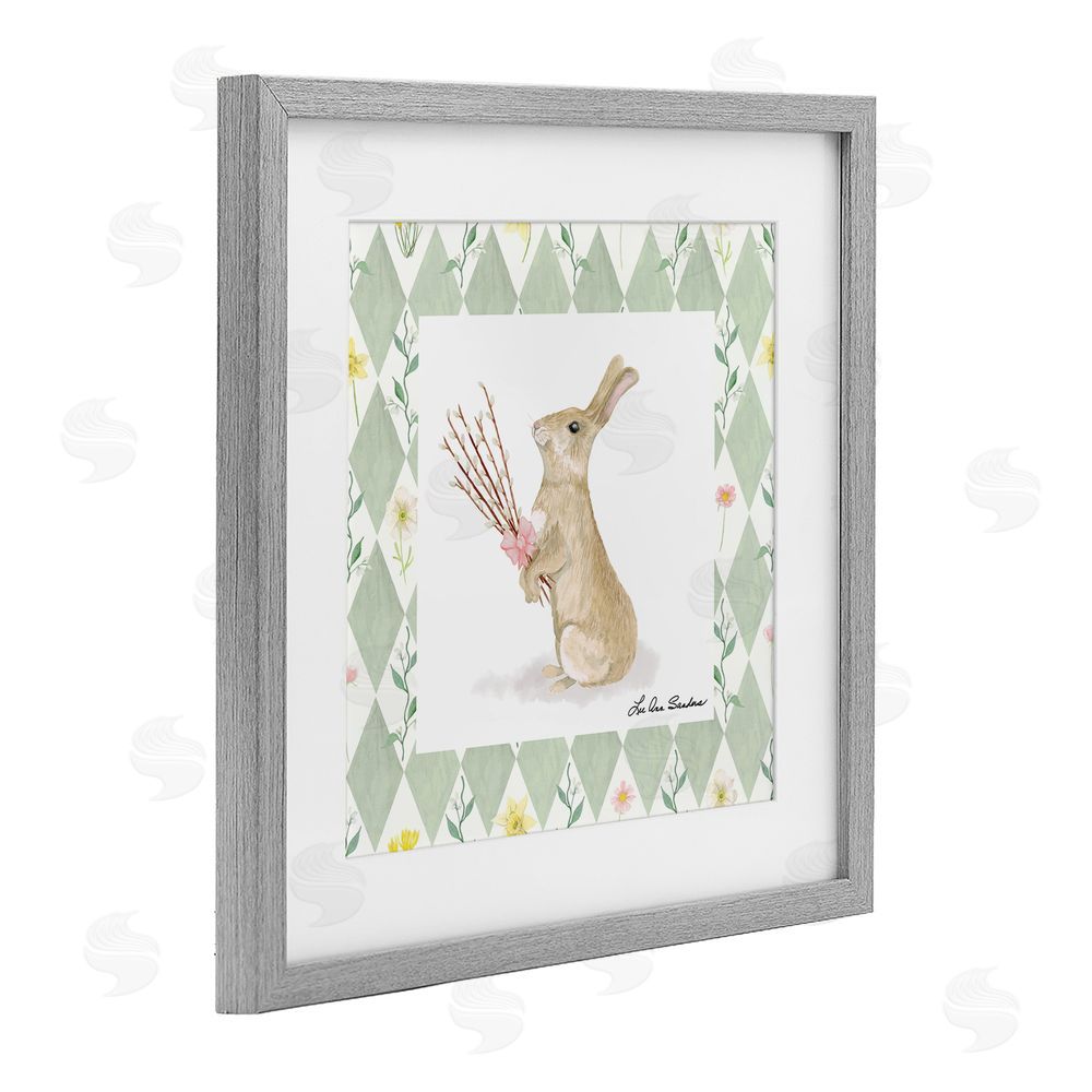Lee Ann Sanders Bouquet Bunny on Green Argyle Gray Framed Print Under Glass Wall Art