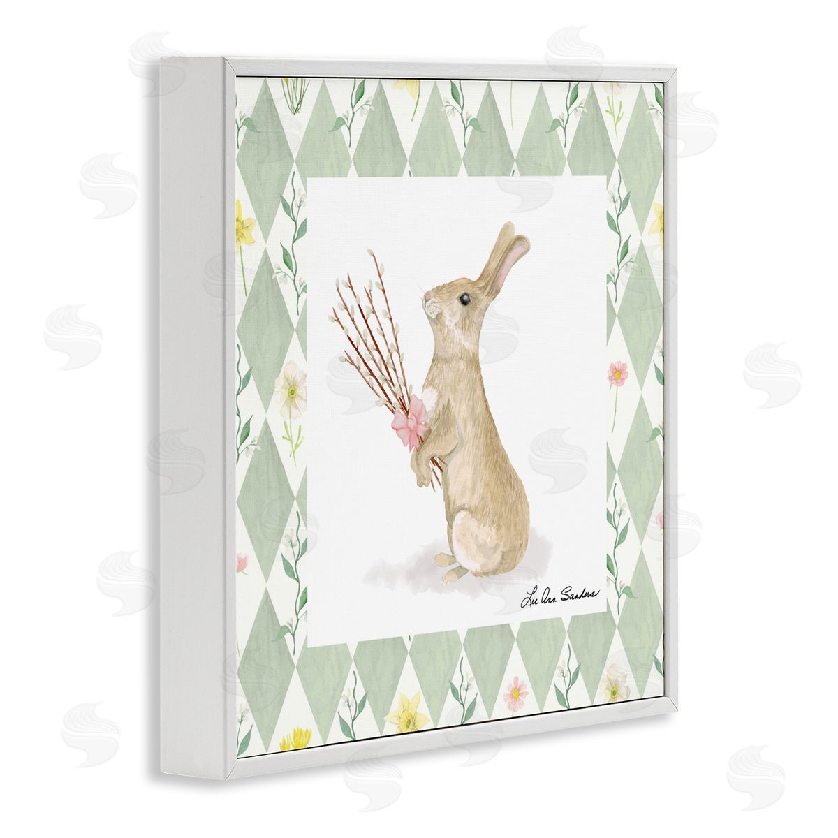 Lee Ann Sanders Bouquet Bunny on Green Argyle White Framed Giclee Print Wall Art