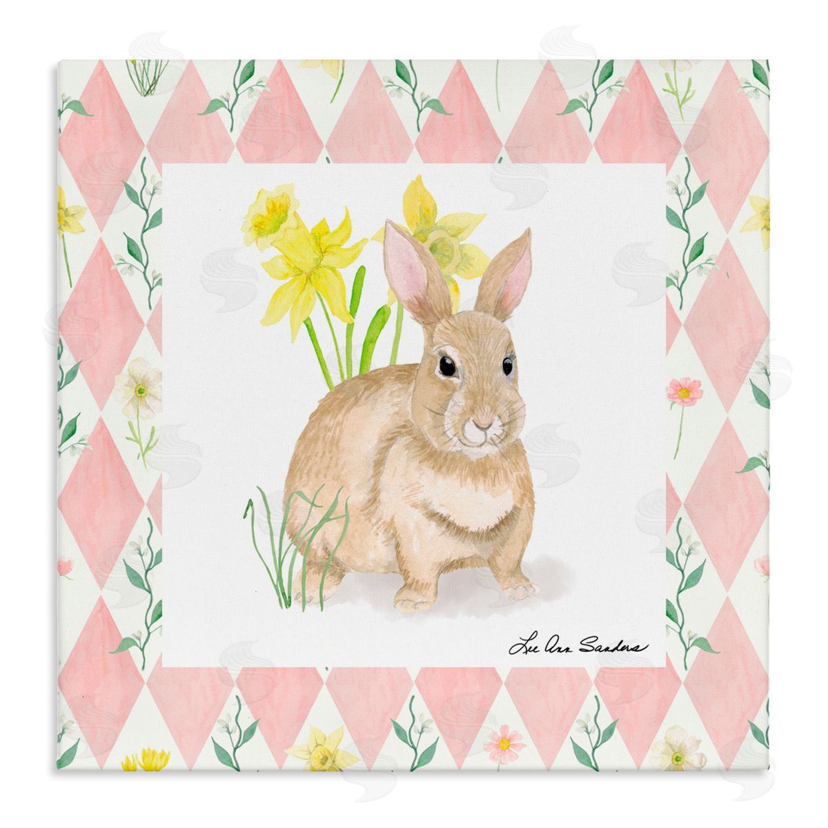 Lee Ann Sanders Bunny on Pink Argyle Stretched Canvas Wall Art Print