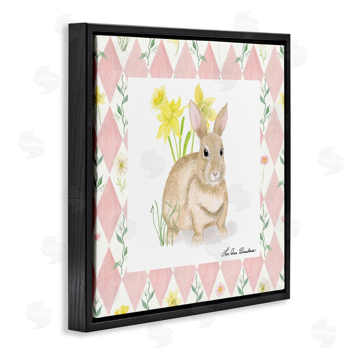 Lee Ann Sanders Bunny on Pink Argyle Black Floating Frame Canvas Wall Art Print