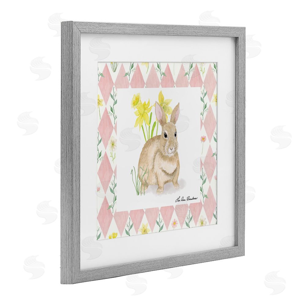 Lee Ann Sanders Bunny on Pink Argyle Gray Framed Print Under Glass Wall Art