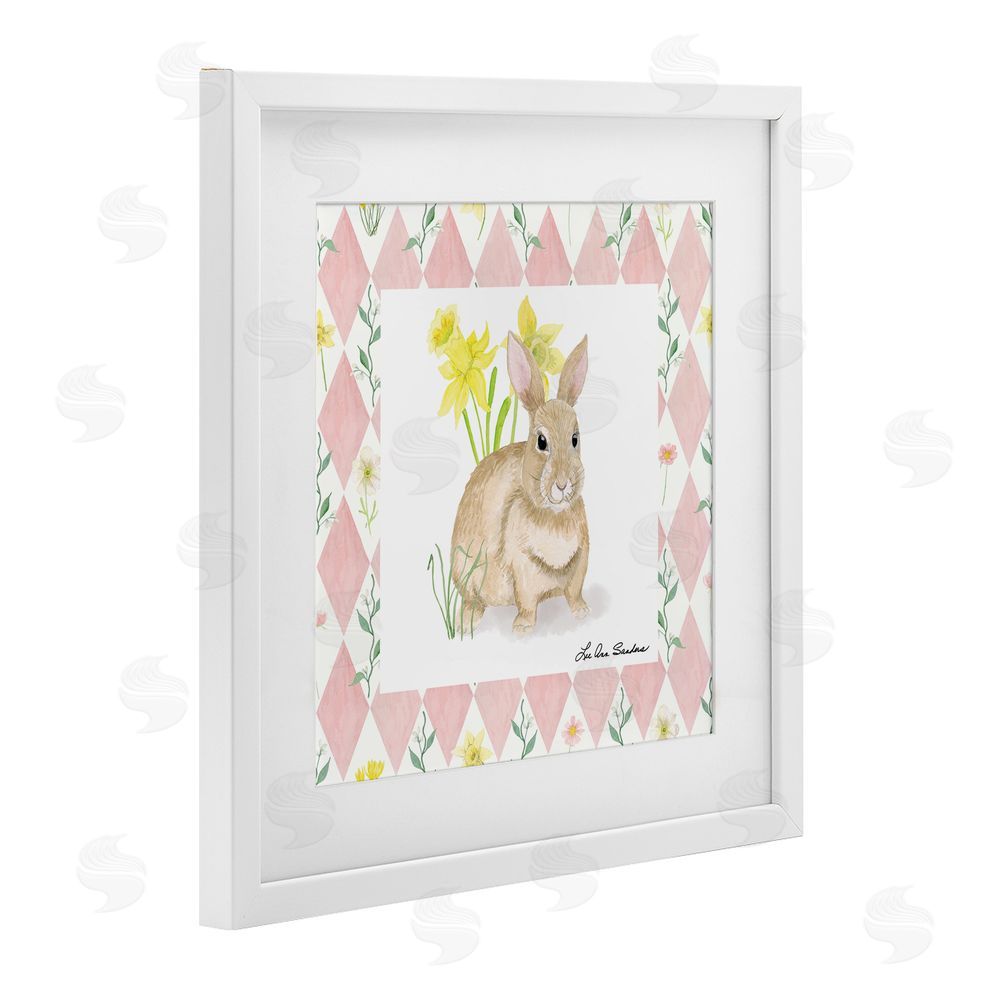 Lee Ann Sanders Bunny on Pink Argyle White Framed Print Under Glass Wall Art