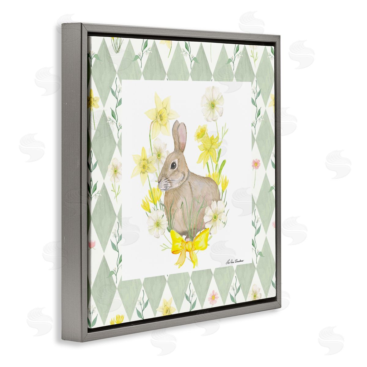 Lee Ann Sanders Mother Bunny on Green Argyle Gray Floating Frame Canvas Wall Art Print