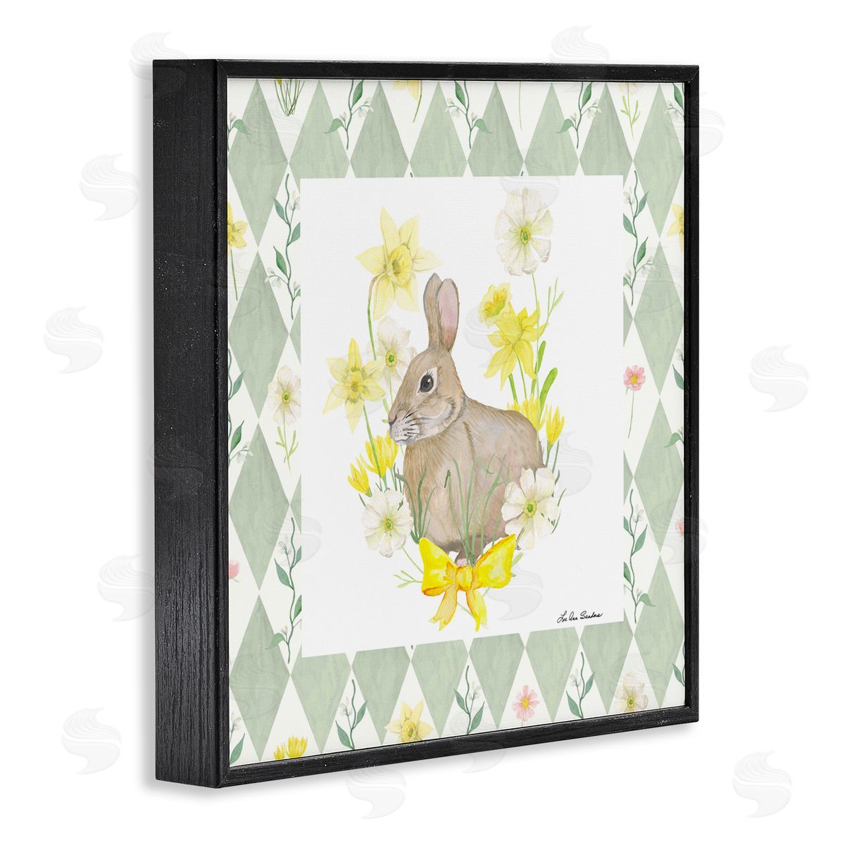 Lee Ann Sanders Mother Bunny on Green Argyle Black Framed Giclee Print Wall Art