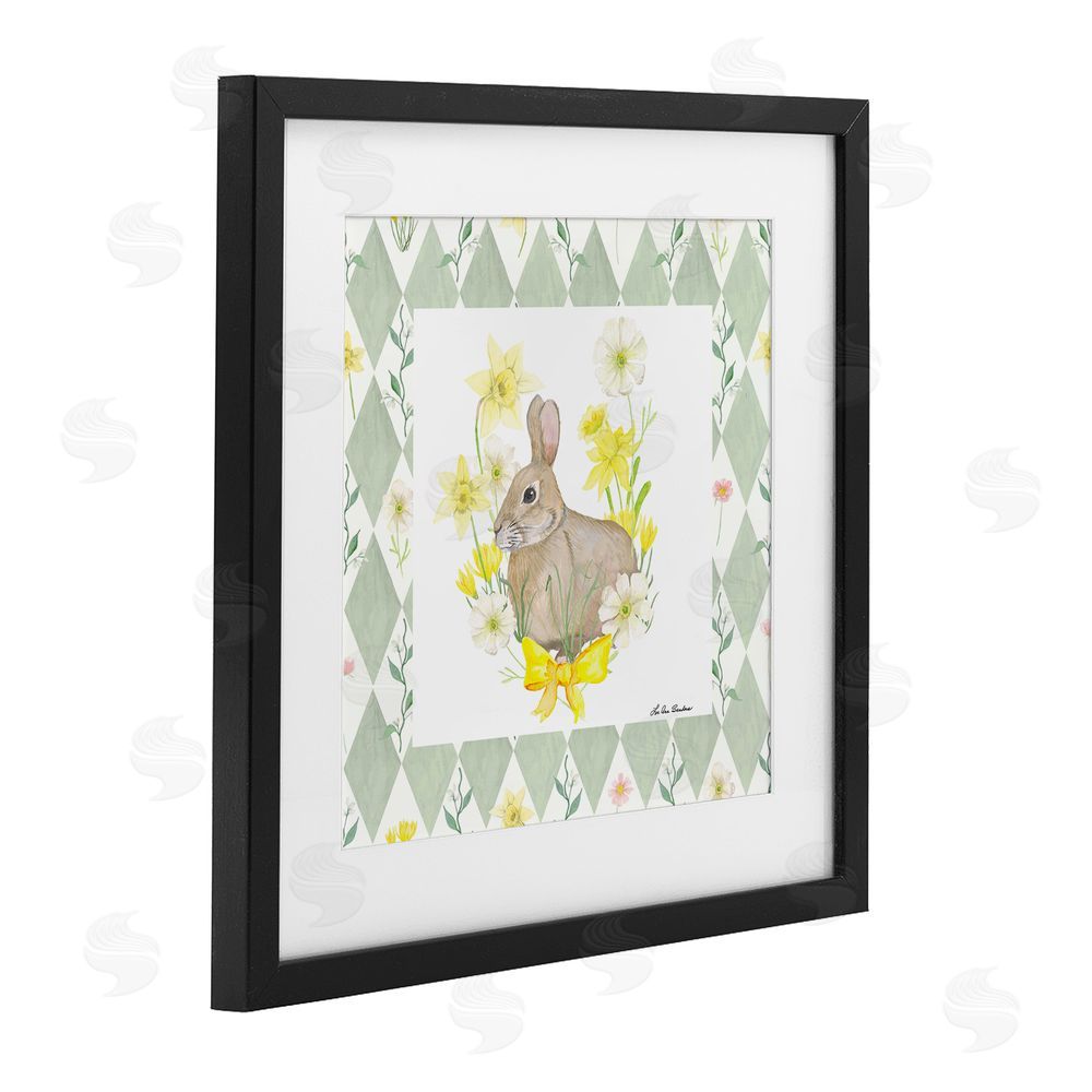 Lee Ann Sanders Mother Bunny on Green Argyle Black Framed Print Under Glass Wall Art