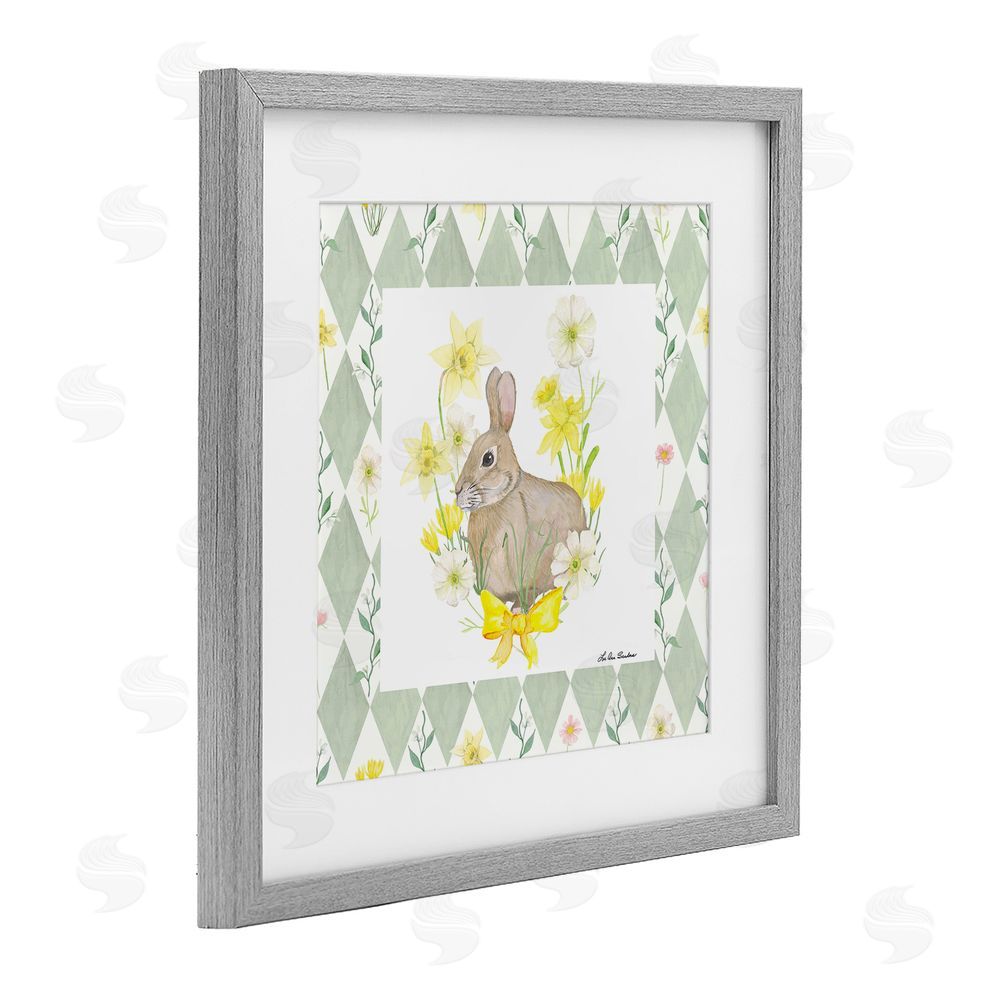 Lee Ann Sanders Mother Bunny on Green Argyle Gray Framed Print Under Glass Wall Art