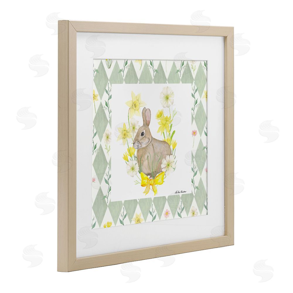 Lee Ann Sanders Mother Bunny on Green Argyle Brown Framed Print Under Glass Wall Art