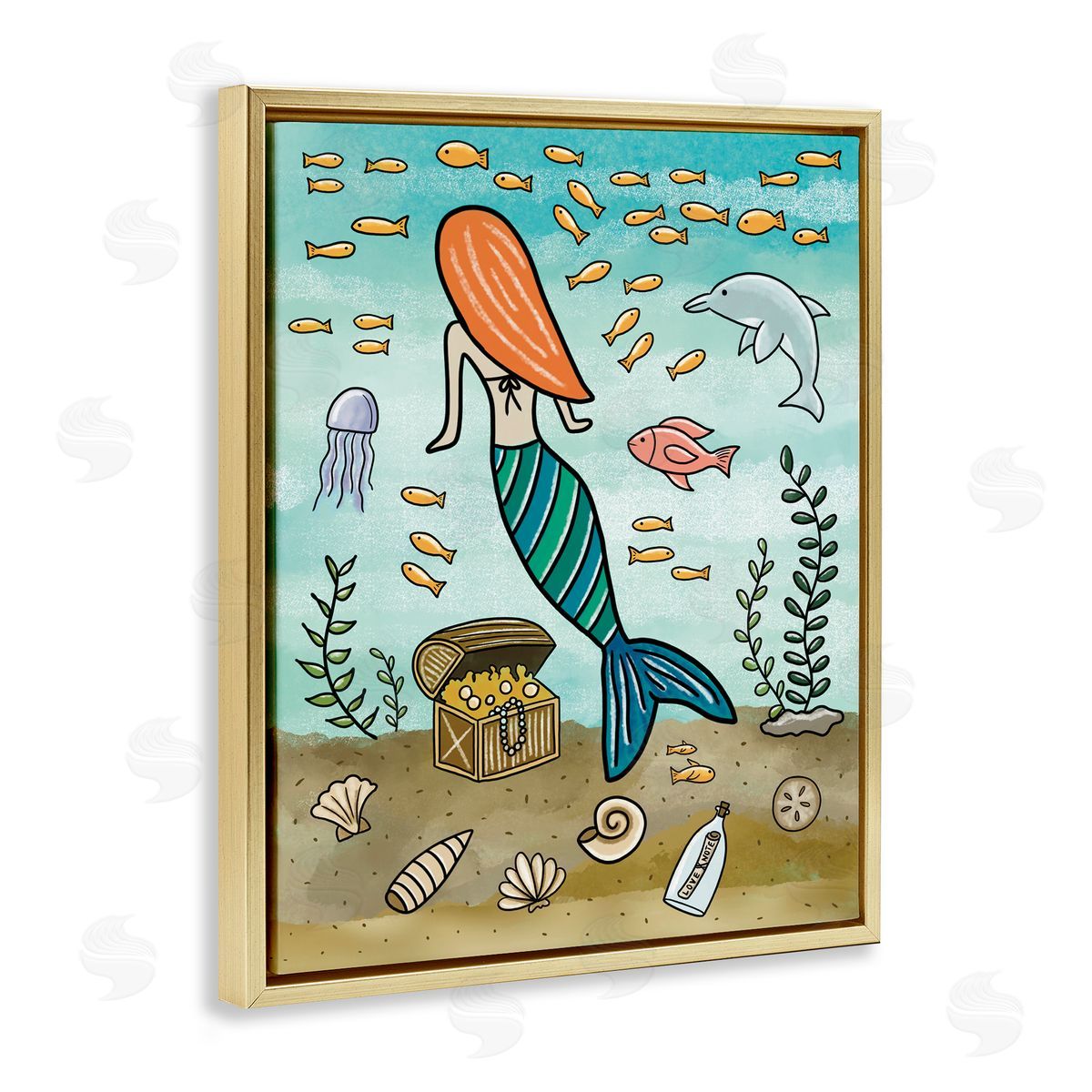 Jennifer Stith Mermaid Treasure Love Note Gold Floating Frame Canvas Wall Art Print