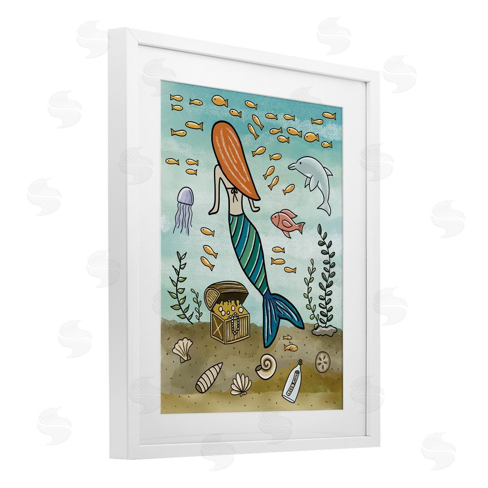 Jennifer Stith Mermaid Treasure Love Note White Framed Print Under Glass Wall Art
