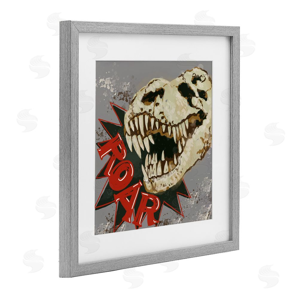 Connie Summers Roar Dinosaur Skull Gray Framed Print Under Glass with White Mat Wall Art