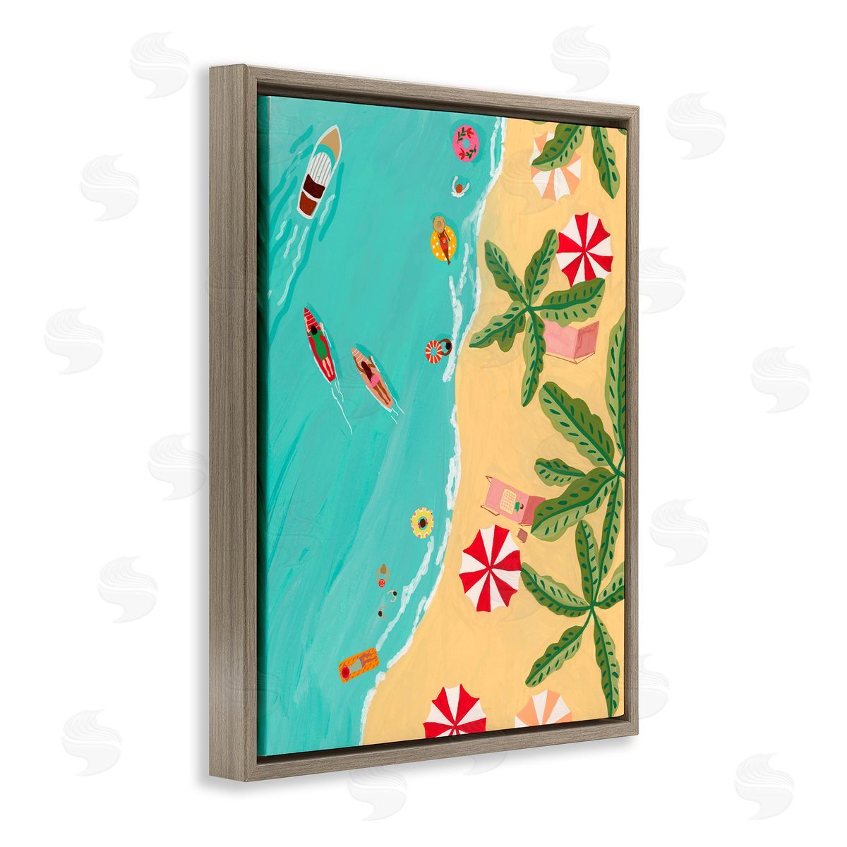 Nabeela Rumi Busy Beach Day Hangout Brown Floating Frame Canvas Wall Art Print