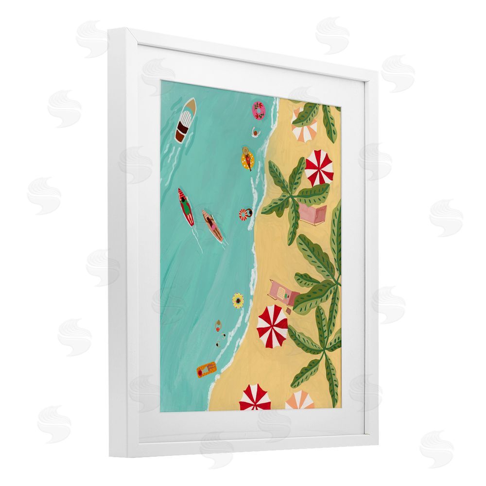 Nabeela Rumi Busy Beach Day Hangout White Framed Print Under Glass Wall Art