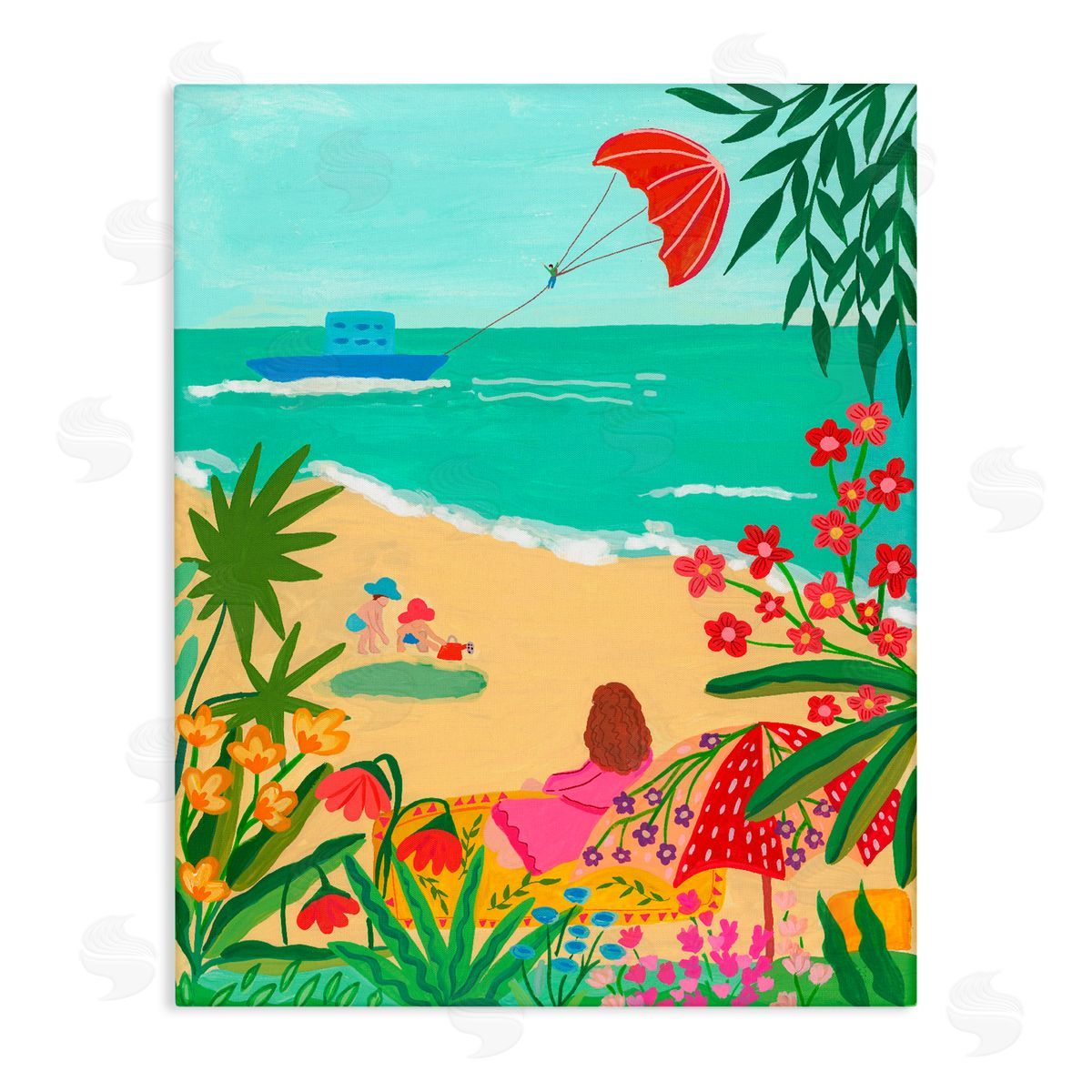 Nabeela Rumi Beach And Flowers View Stretched Canvas Wall Art Print