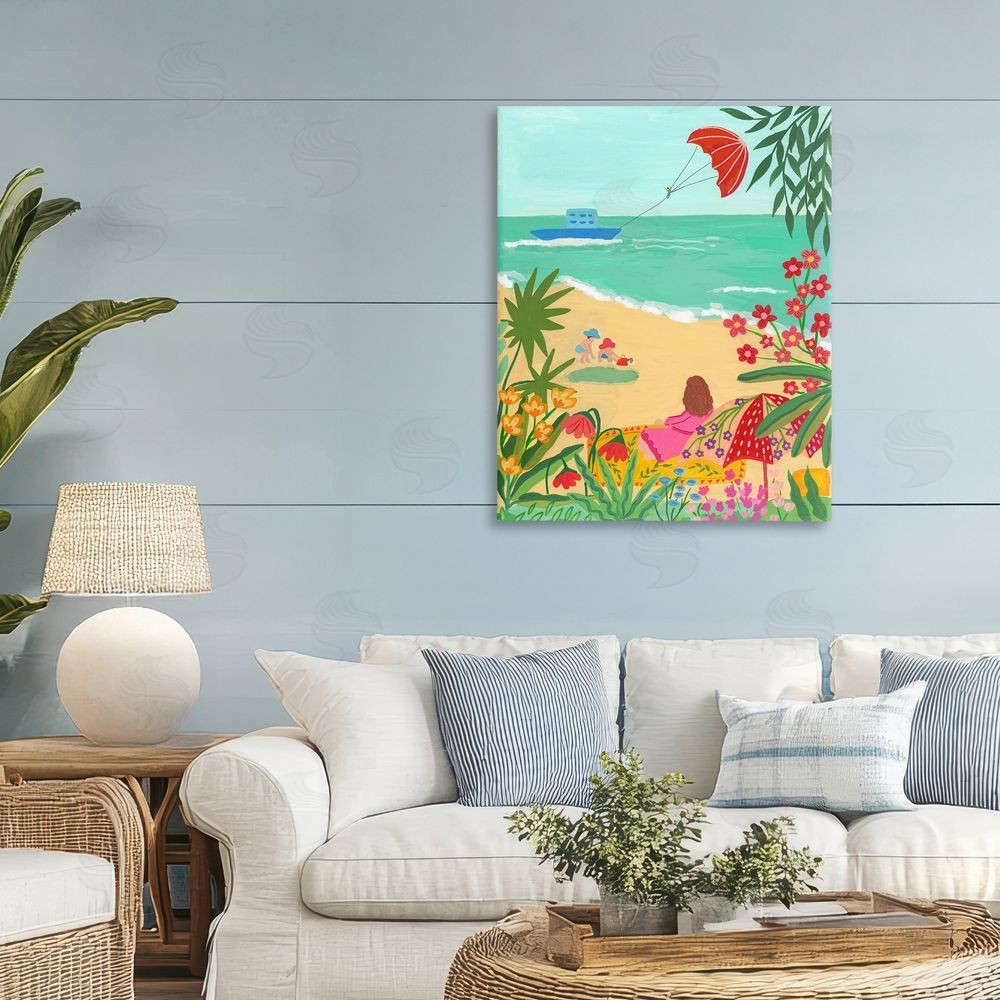 Nabeela Rumi Beach And Flowers View Stretched Canvas Wall Art Print in Room