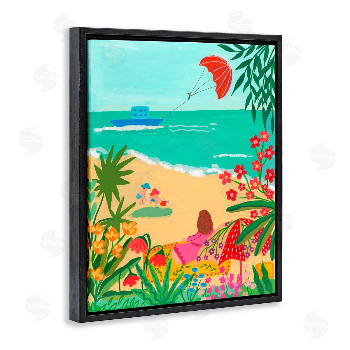 Nabeela Rumi Beach And Flowers View Black Floating Frame Canvas Wall Art Print