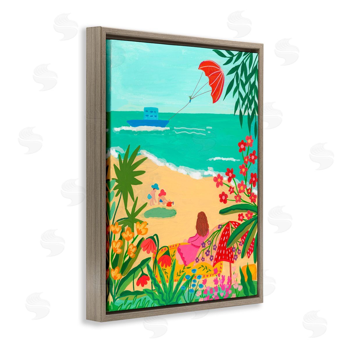 Nabeela Rumi Beach And Flowers View Brown Floating Frame Canvas Wall Art Print