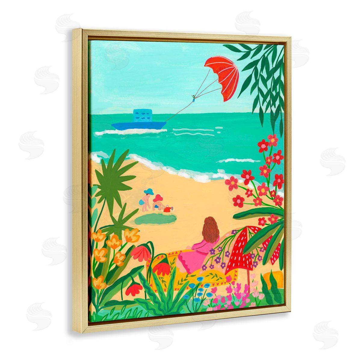 Nabeela Rumi Beach And Flowers View Gold Floating Frame Canvas Wall Art Print
