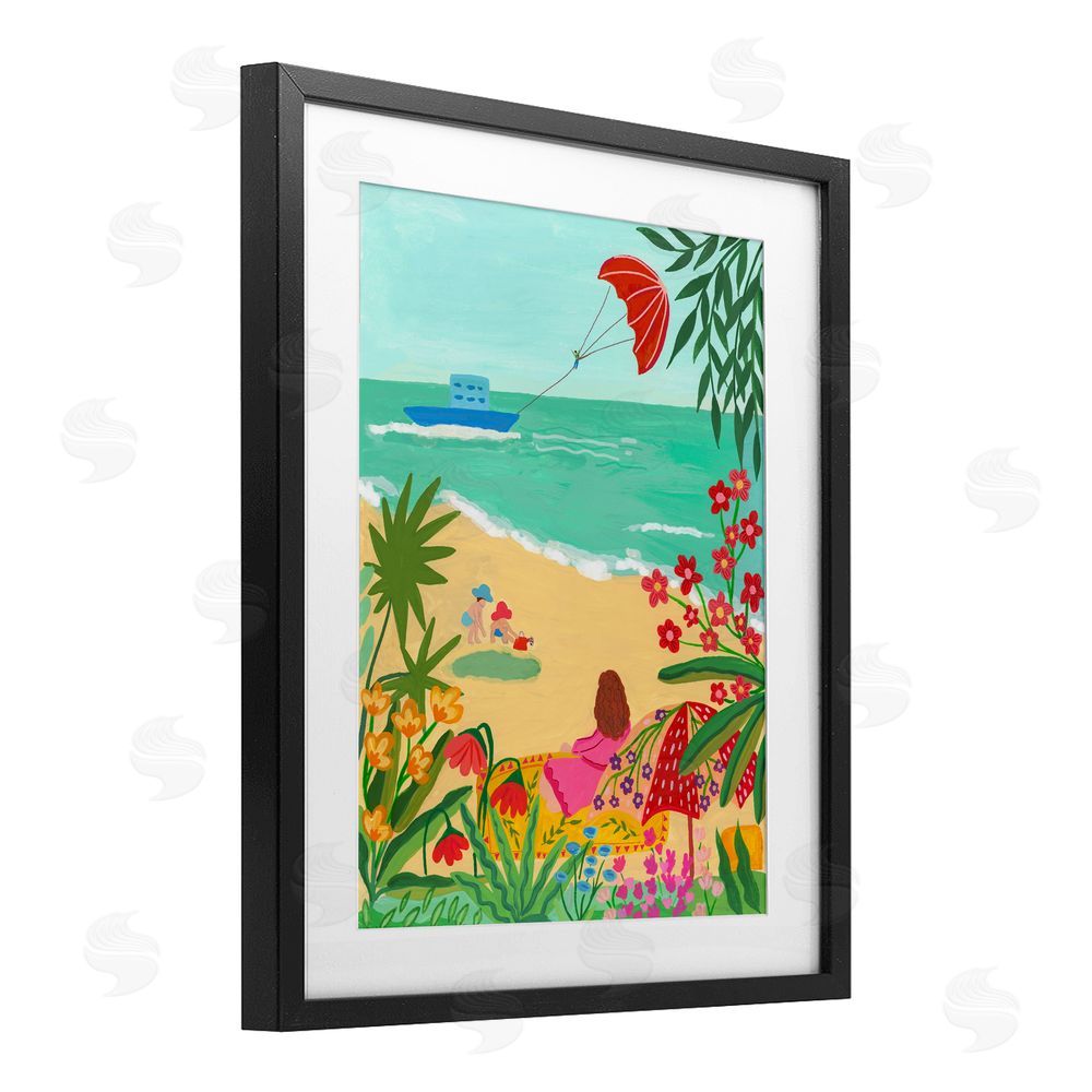 Nabeela Rumi Beach And Flowers View Black Framed Print Under Glass Wall Art