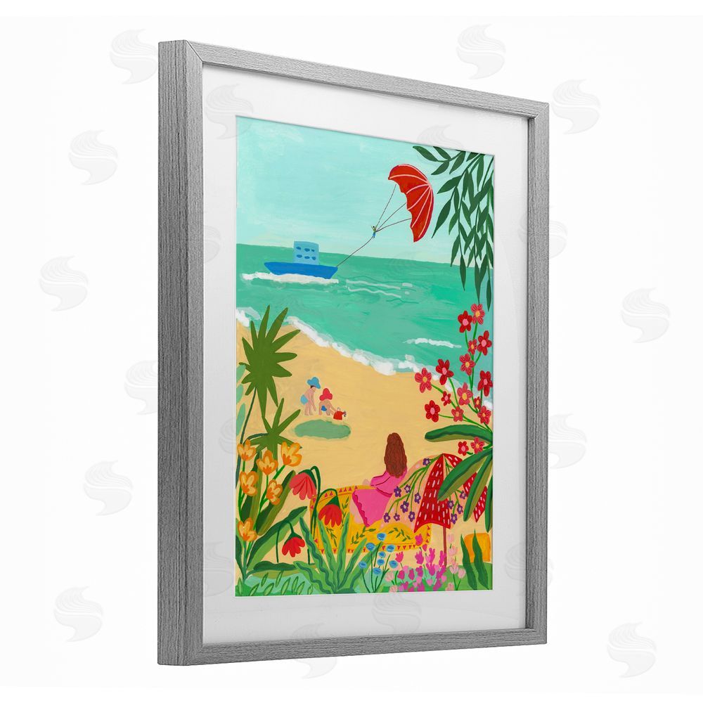 Nabeela Rumi Beach And Flowers View Gray Framed Print Under Glass Wall Art
