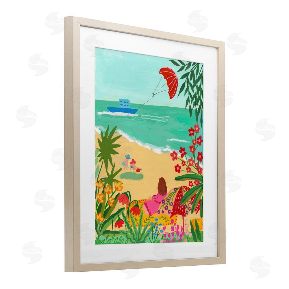 Nabeela Rumi Beach And Flowers View Brown Framed Print Under Glass Wall Art