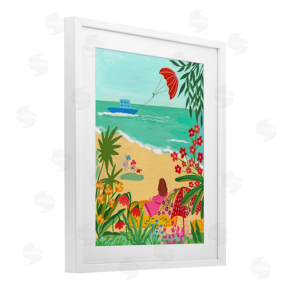 Nabeela Rumi Beach And Flowers View White Framed Print Under Glass Wall Art