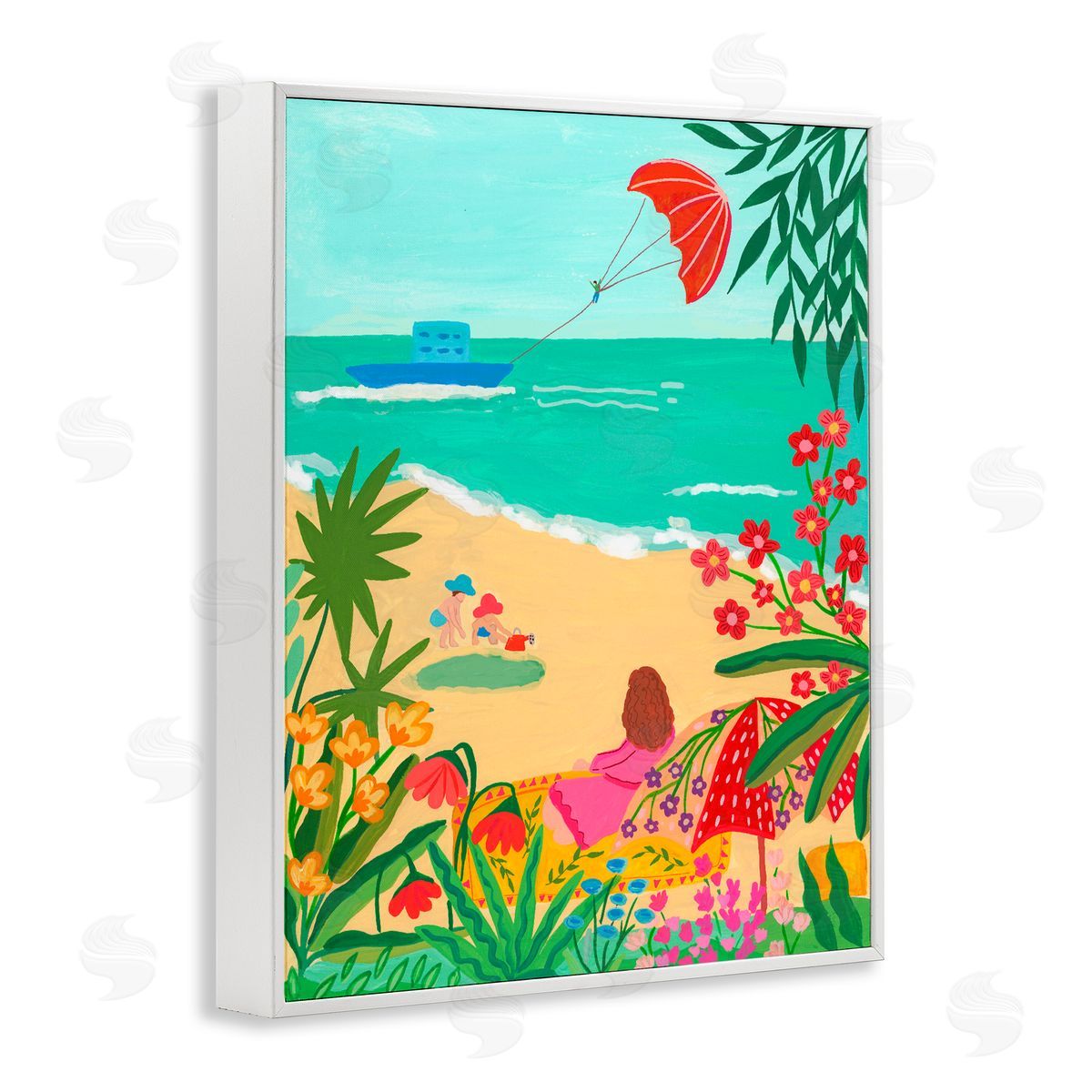 Nabeela Rumi Beach And Flowers View White Framed Giclee Print Wall Art
