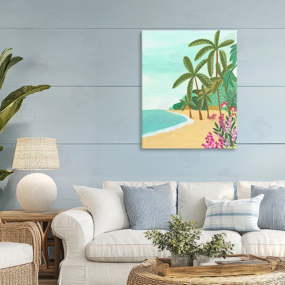 Nabeela Rumi Palm Filled Shoreline Stretched Canvas Wall Art Print in Room