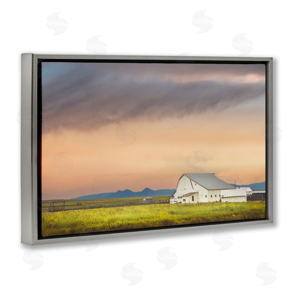 Annie Bailey Art Vintage White Barn at Sunrise Gray Floating Frame Canvas Wall Art Print
