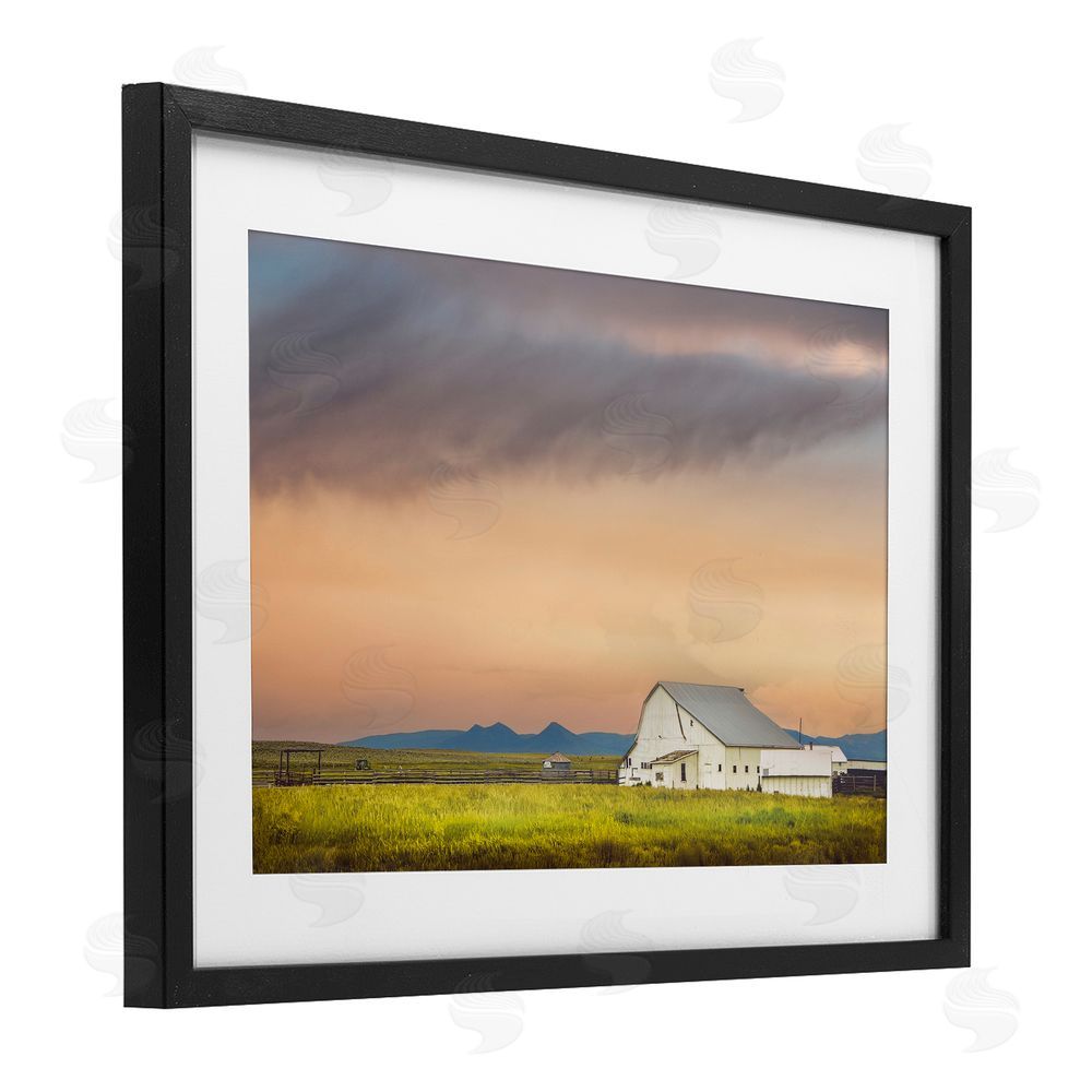 Annie Bailey Art Vintage White Barn at Sunrise Black Framed Print Under Glass with White Mat Wall Art