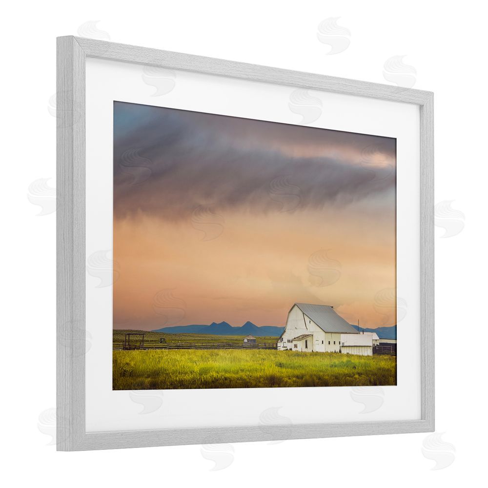 Annie Bailey Art Vintage White Barn at Sunrise Gray Framed Print Under Glass with White Mat Wall Art
