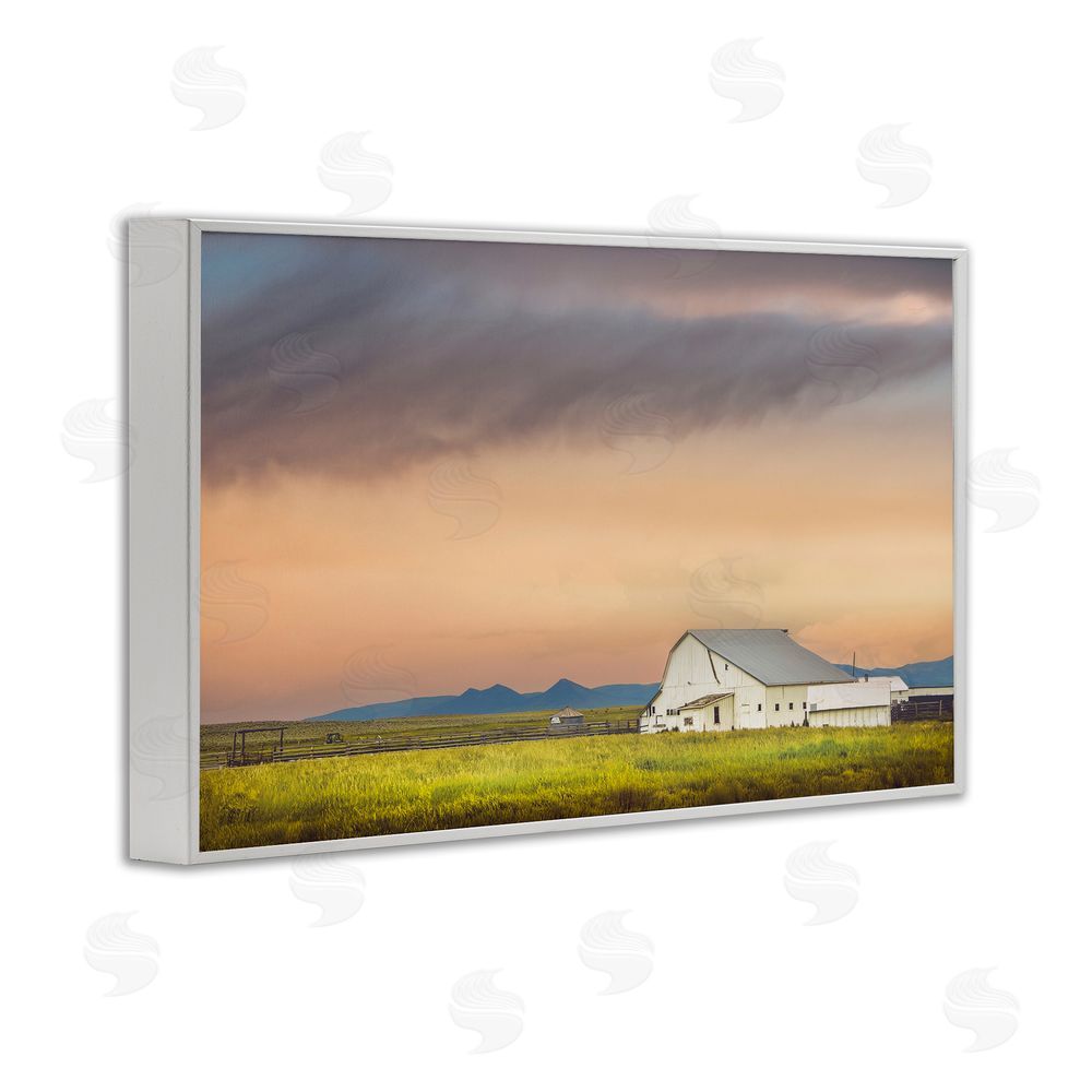 Annie Bailey Art Vintage White Barn at Sunrise White Framed Giclee Wall Art Print