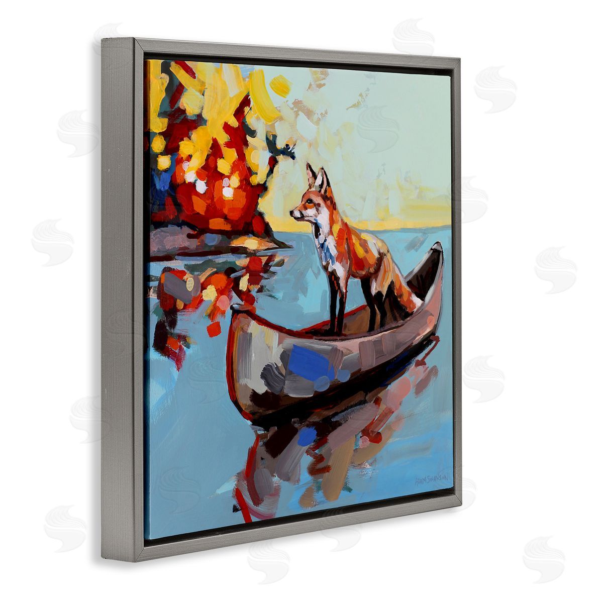 Adam Swanson Fox's Voyage on Canoe Gray Floating Frame Canvas Wall Art Print