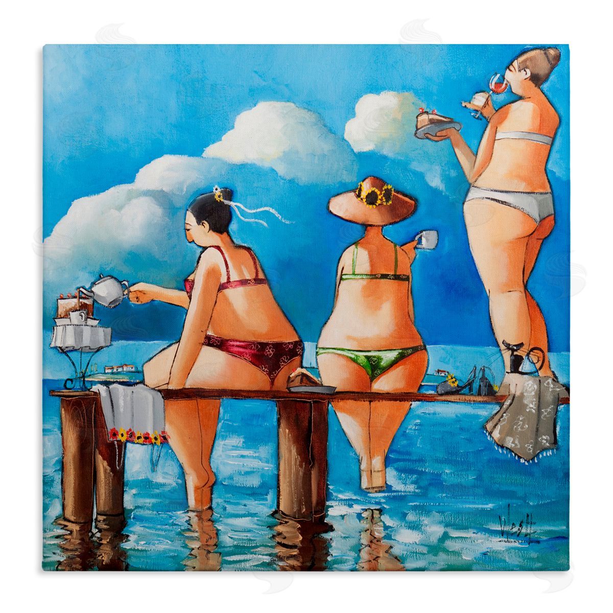 Ronald West Tea Break On The Jetty Stretched Canvas Wall Art Print