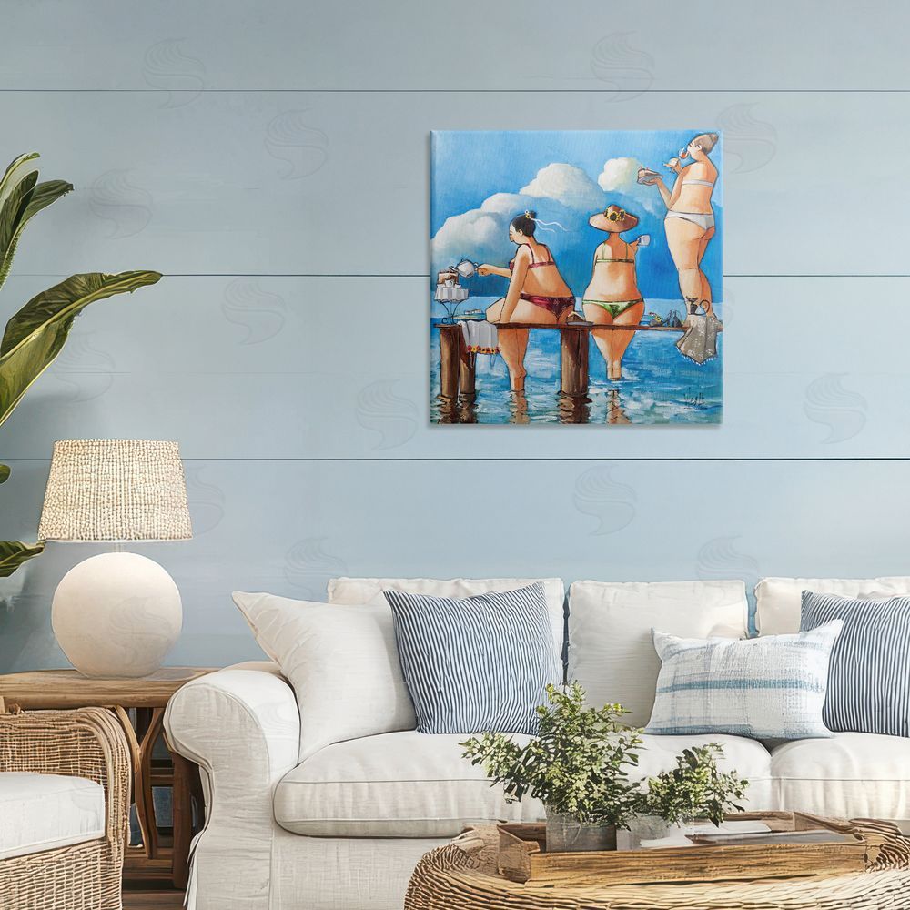 Ronald West Tea Break On The Jetty Stretched Canvas Wall Art Print in Room