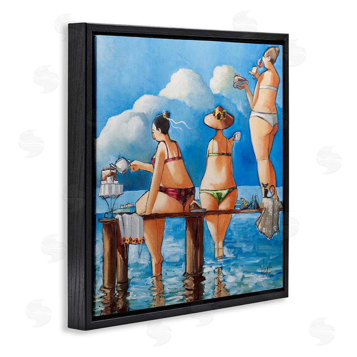 Ronald West Tea Break On The Jetty Black Floating Frame Canvas Wall Art Print