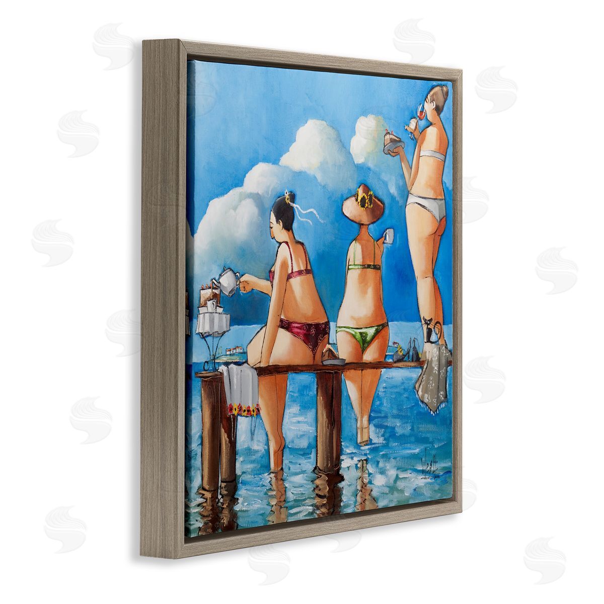 Ronald West Tea Break On The Jetty Brown Floating Frame Canvas Wall Art Print