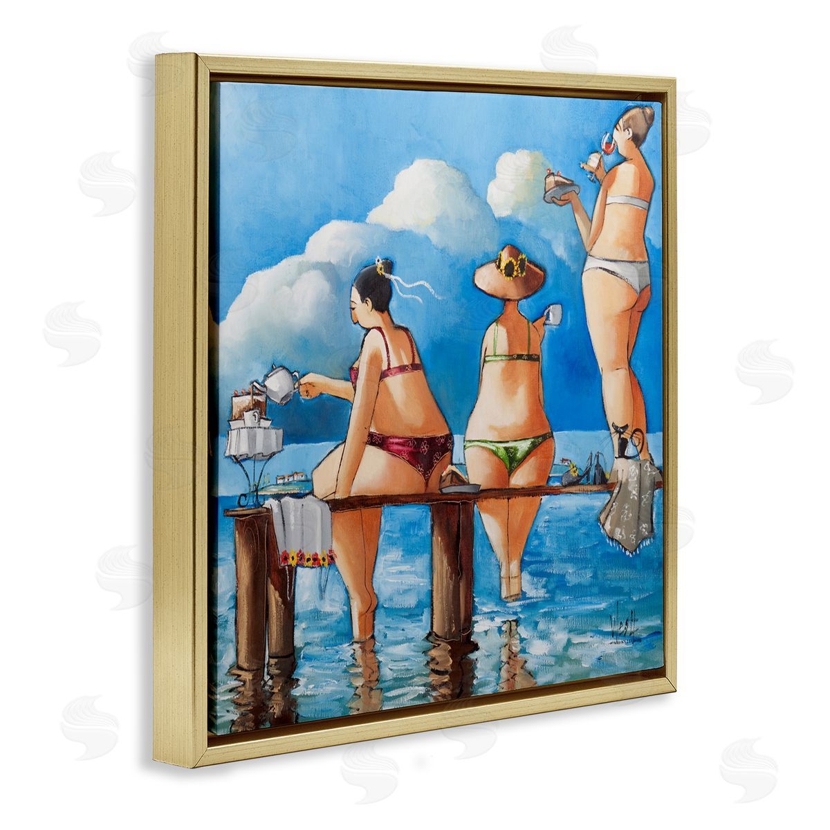 Ronald West Tea Break On The Jetty Gold Floating Frame Canvas Wall Art Print