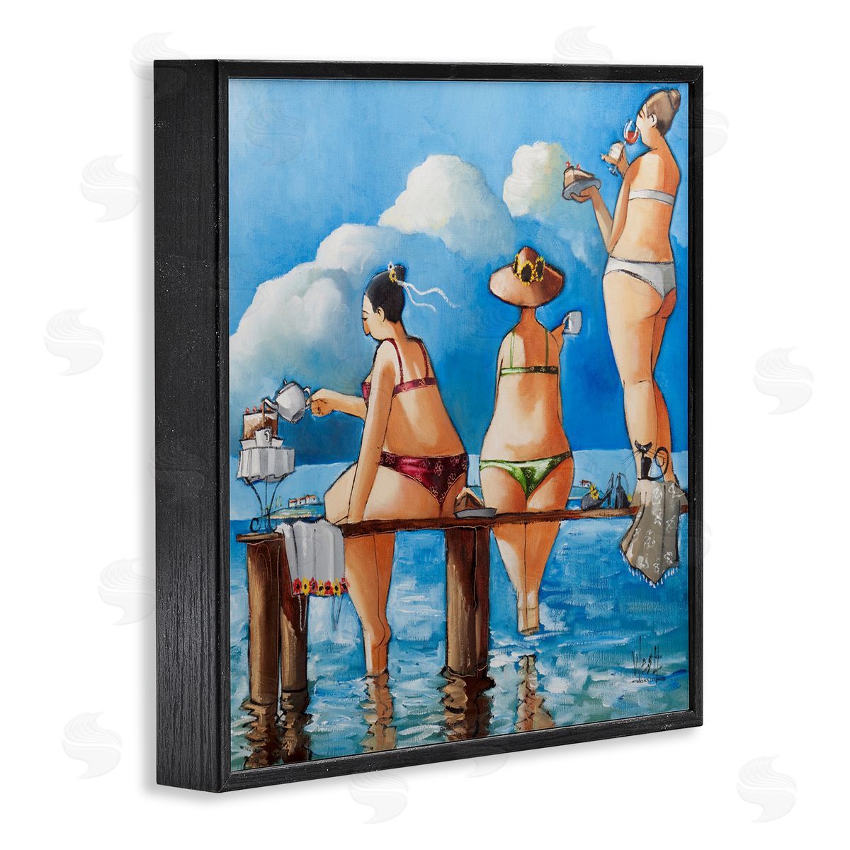 Ronald West Tea Break On The Jetty Black Framed Giclee Print Wall Art