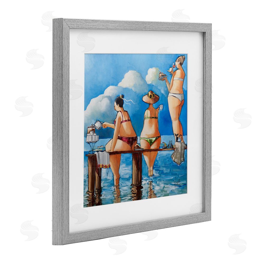Ronald West Tea Break On The Jetty Gray Framed Print Under Glass Wall Art