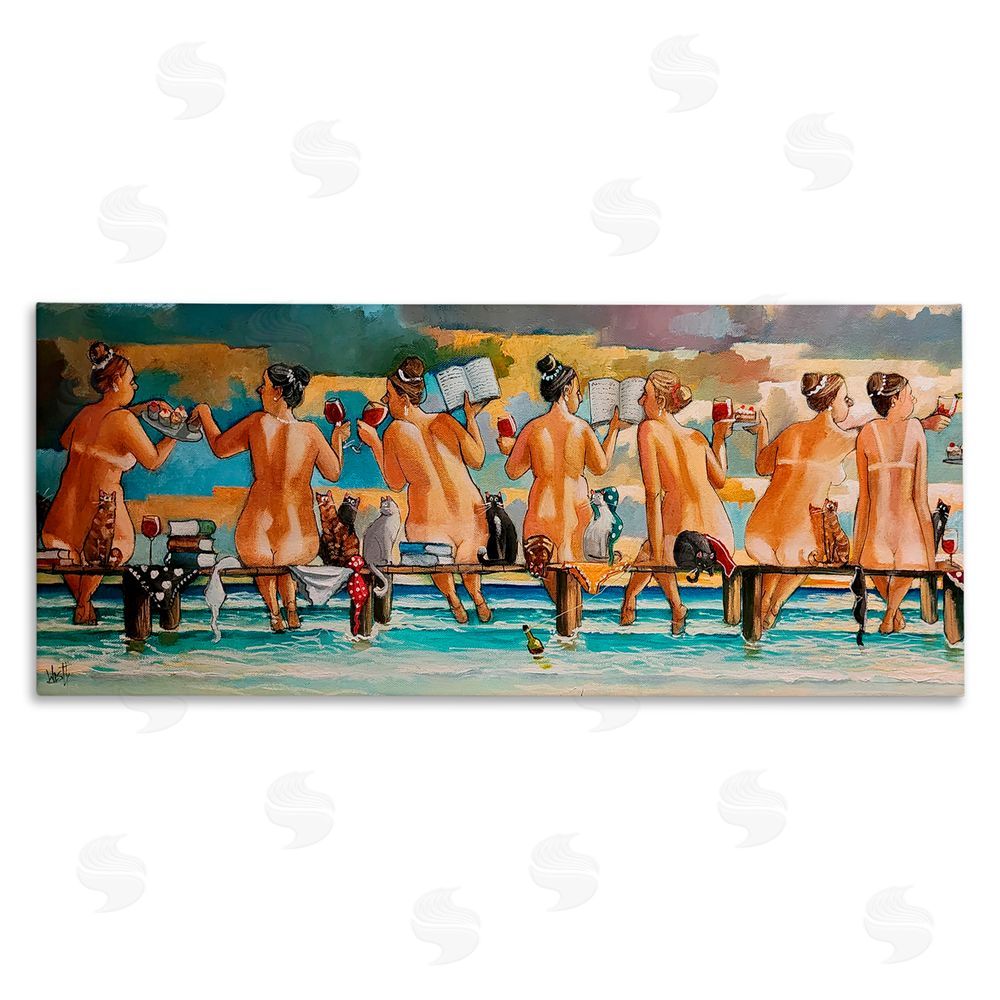 Ronald West Wine, Books And Cats Jetty Stretched Canvas Wall Art Print