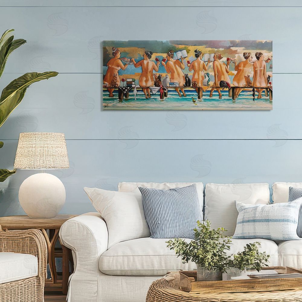 Ronald West Wine, Books And Cats Jetty Stretched Canvas Wall Art Print in Room