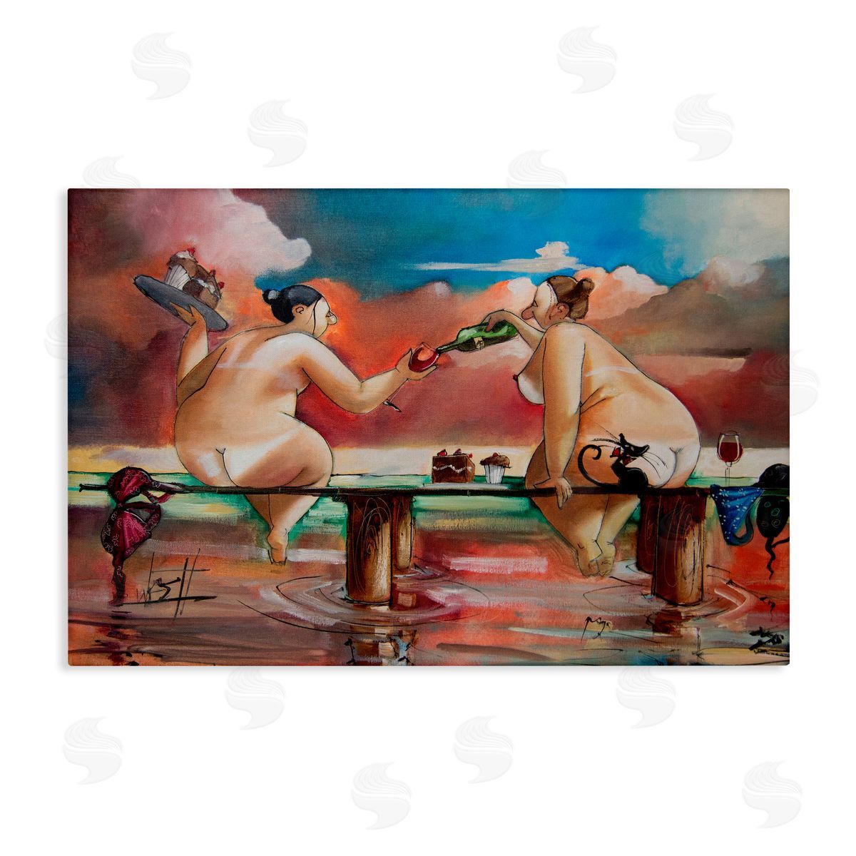 Ronald West Wine & Cake On The Jetty Stretched Canvas Wall Art Print