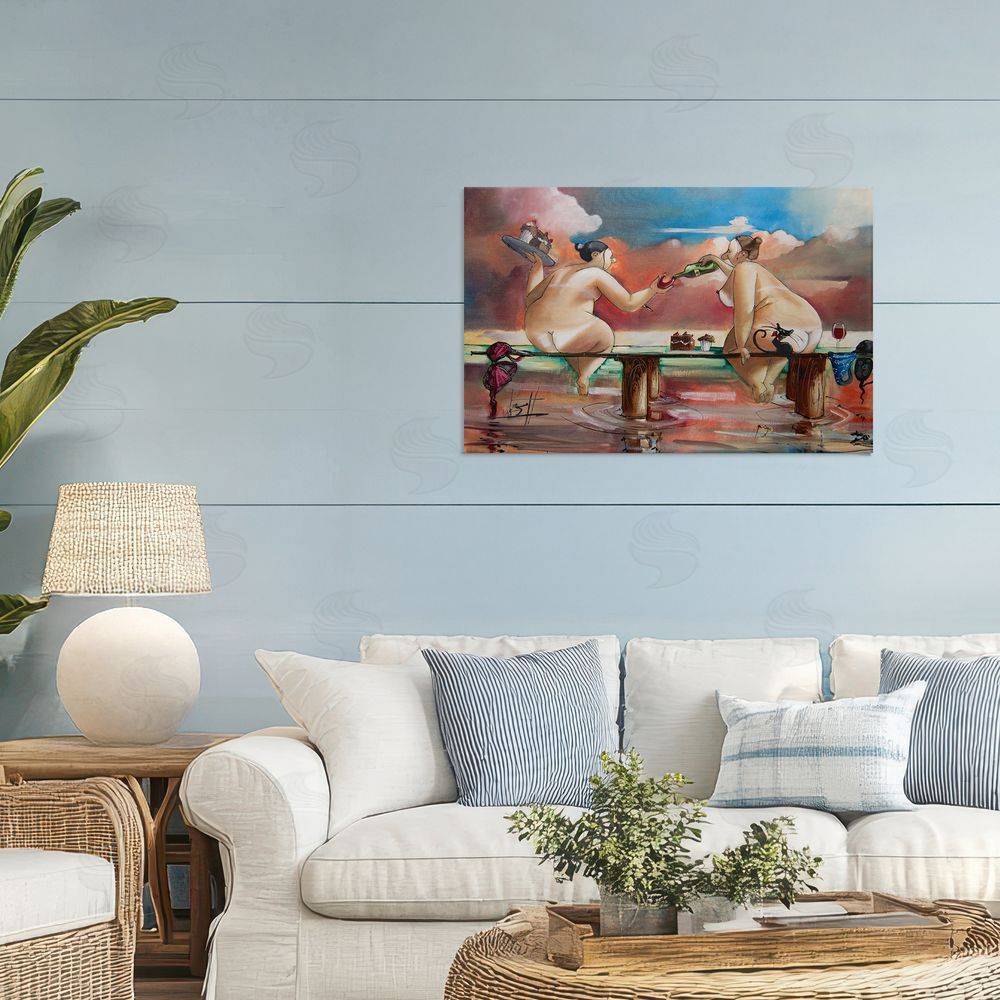 Ronald West Wine & Cake On The Jetty Stretched Canvas Wall Art Print in Room