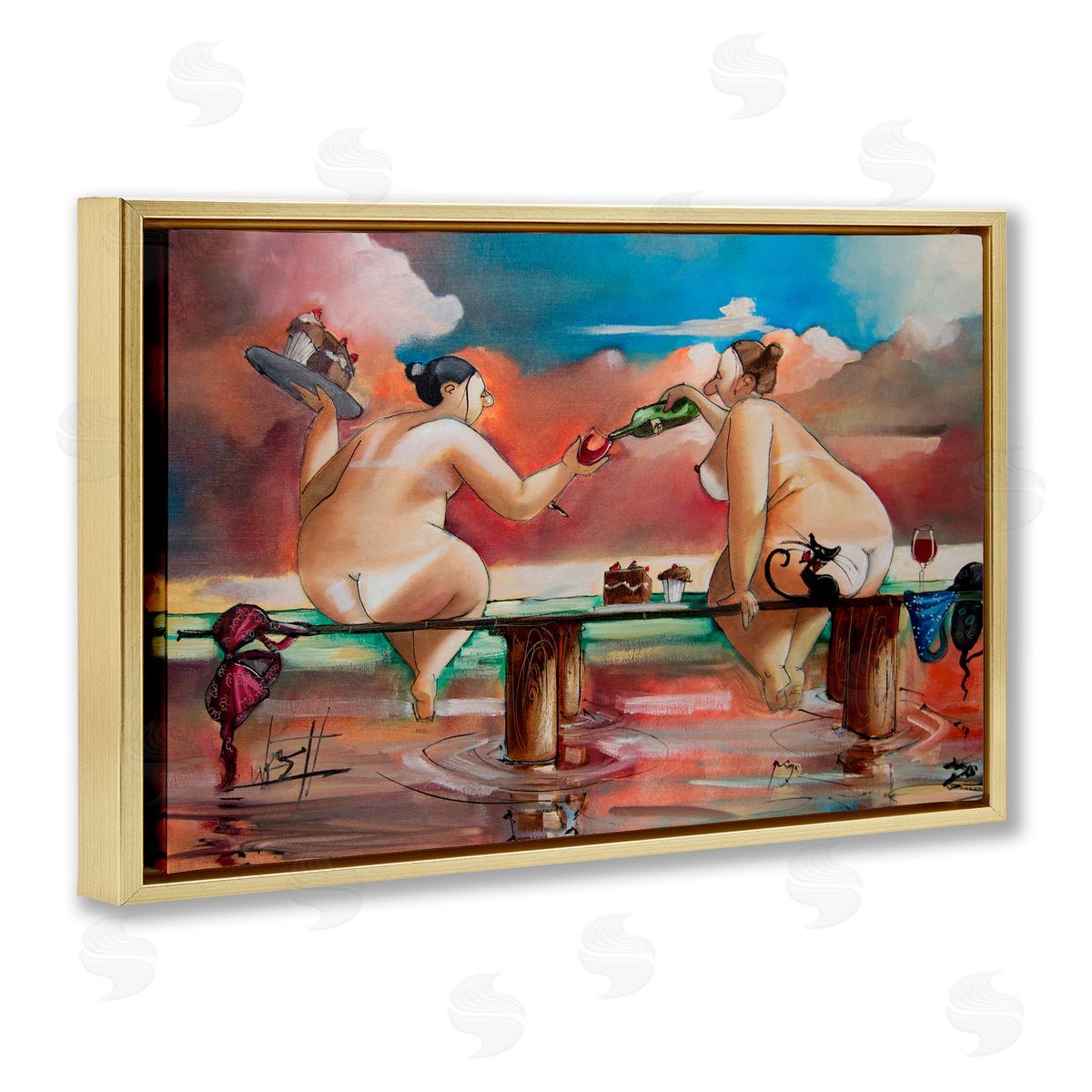 Ronald West Wine & Cake On The Jetty Gold Floating Frame Canvas Wall Art Print