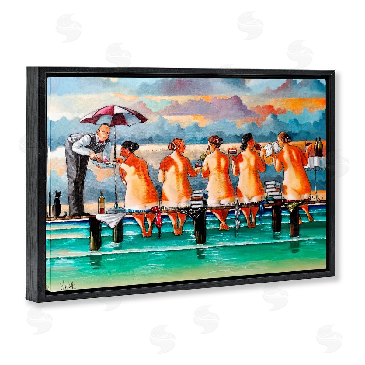 Ronald West The Book Club Beachgoers Black Floating Frame Canvas Wall Art Print