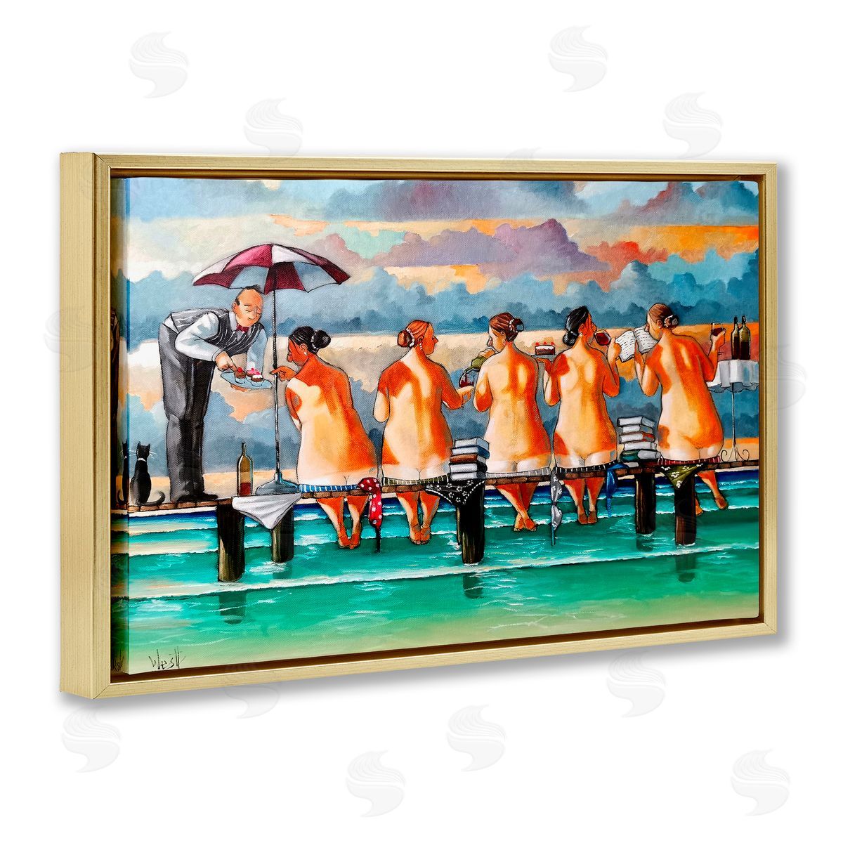 Ronald West The Book Club Beachgoers Gold Floating Frame Canvas Wall Art Print