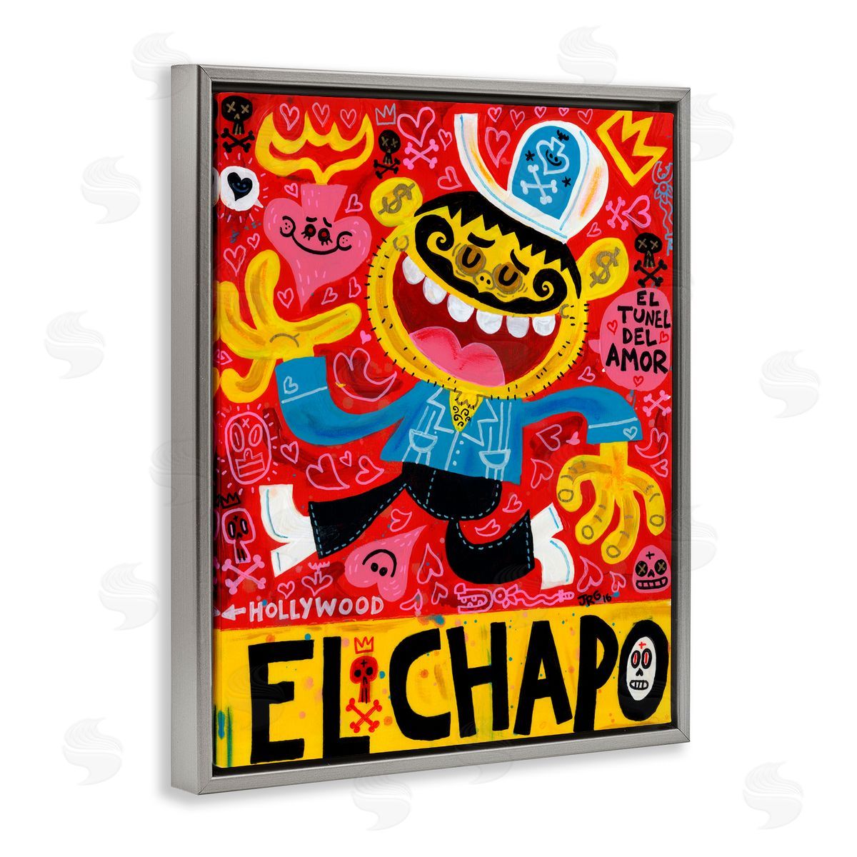 Jorge R. Gutierrez El Chapo Whimsical Cartoon Gray Floating Frame Canvas Wall Art Print