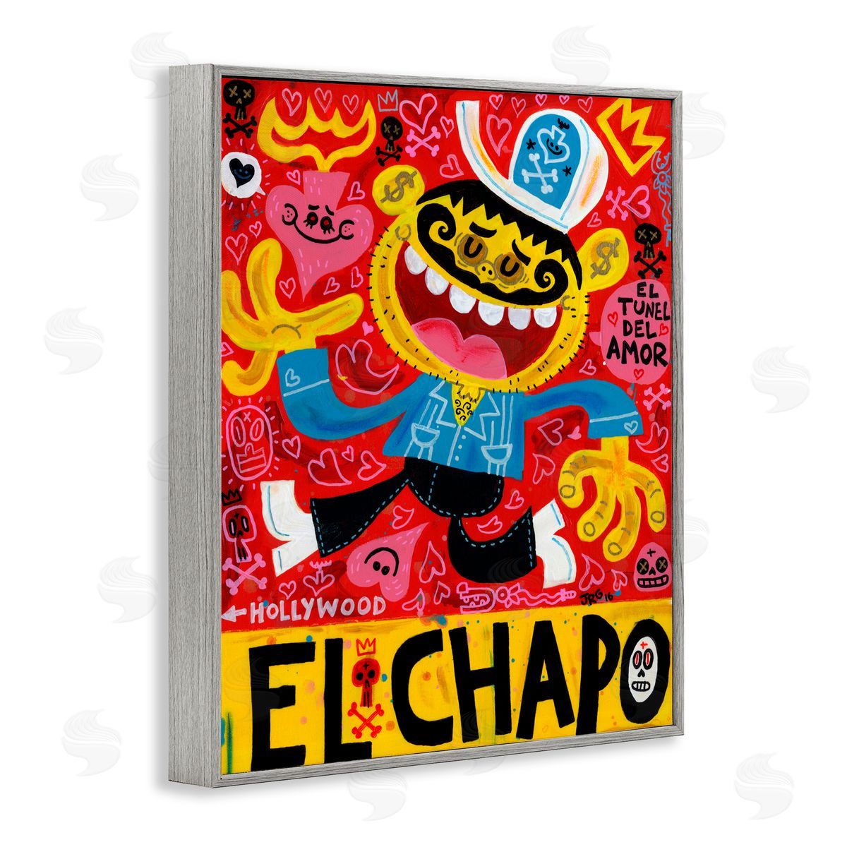 Jorge R. Gutierrez El Chapo Whimsical Cartoon Gray Framed Giclee Wall Art Print